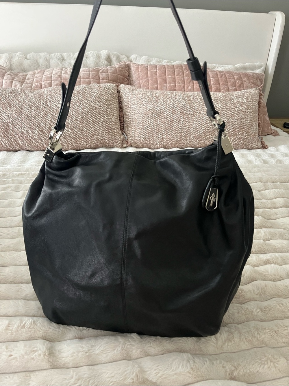 Cole Haan Black Leather Shoulder Hobo with Silver Accents